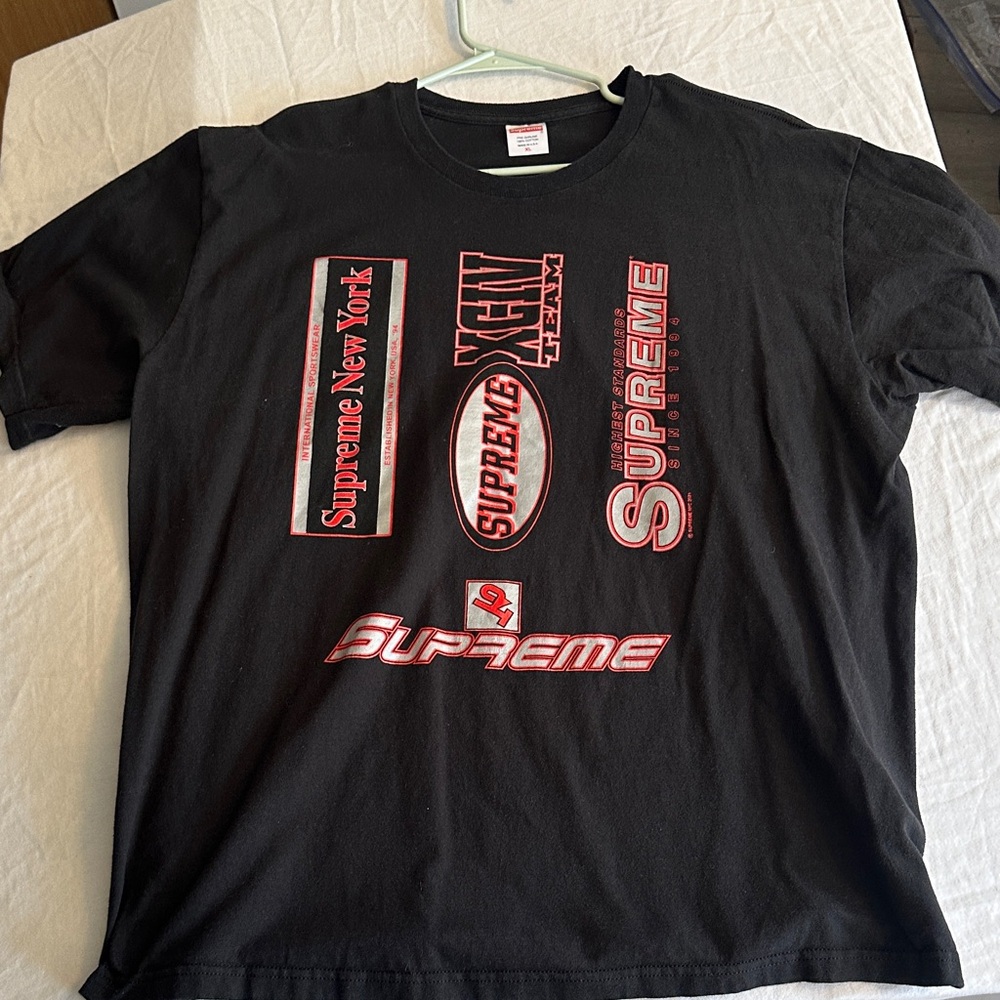 Supreme Black Tee with Red and White Graphics